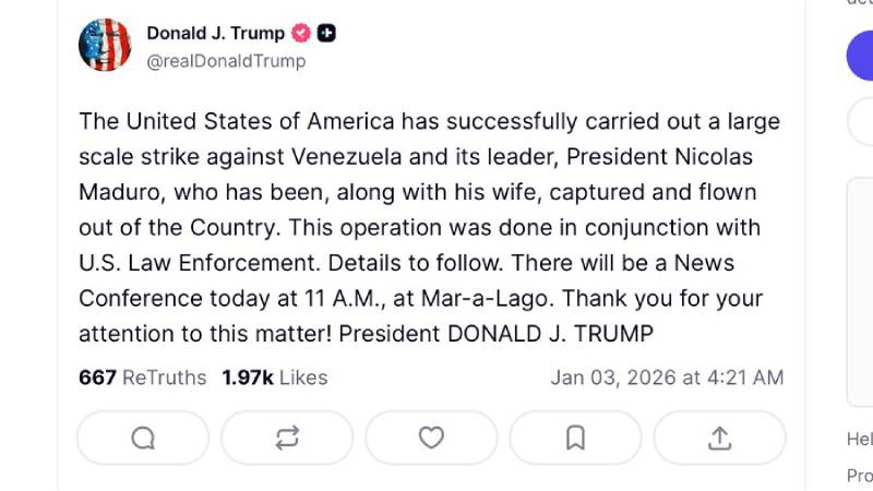 Trump anuncia la captura de Maduro tras operaci�n militar estadounidense en Venezuela
