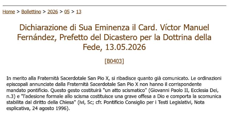 Doctrina de la Fe recuerda formalmente que las ordenaciones episcopales de la FSSPX constituyen un acto cism�tico